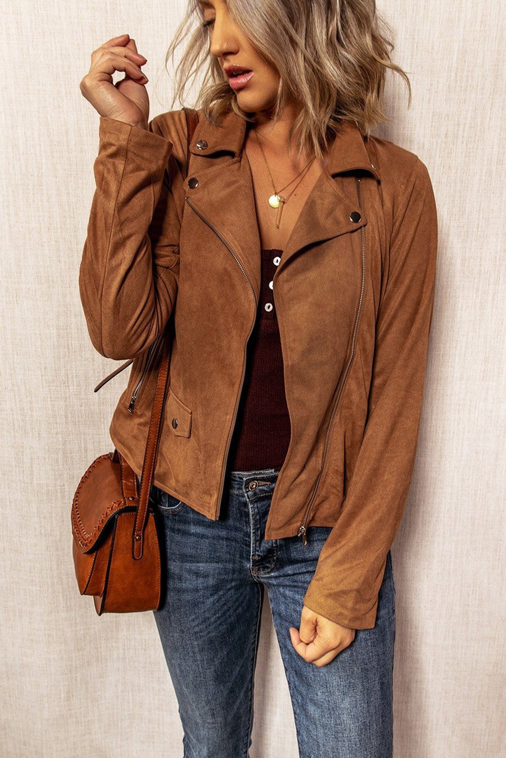 Moto Suede Lapel Collar Zipper Long Sleeve Jacket