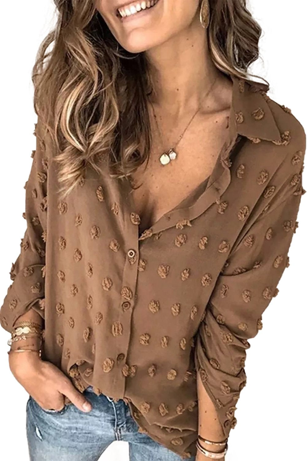 Long Sleeve Button Fuzzy Polka Dot Shirt