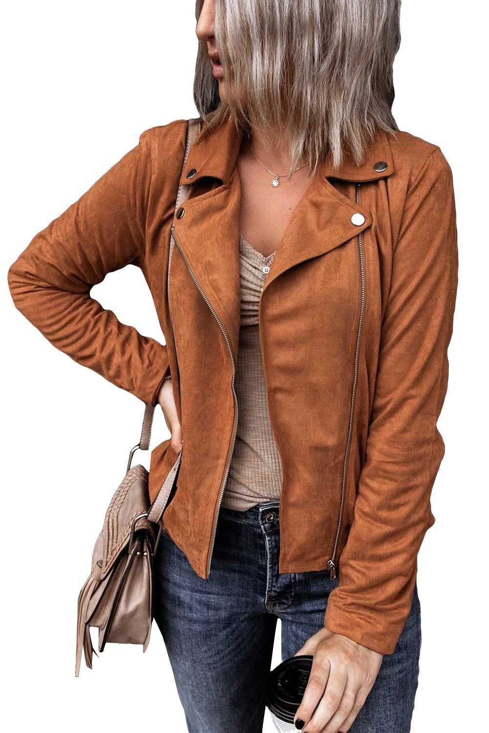 Moto Suede Lapel Collar Zipper Long Sleeve Jacket