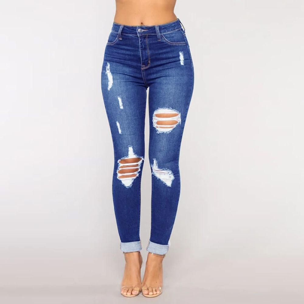 Women High Waist Skinny Stretch Ripped Jeans Destroyed Denim Pants