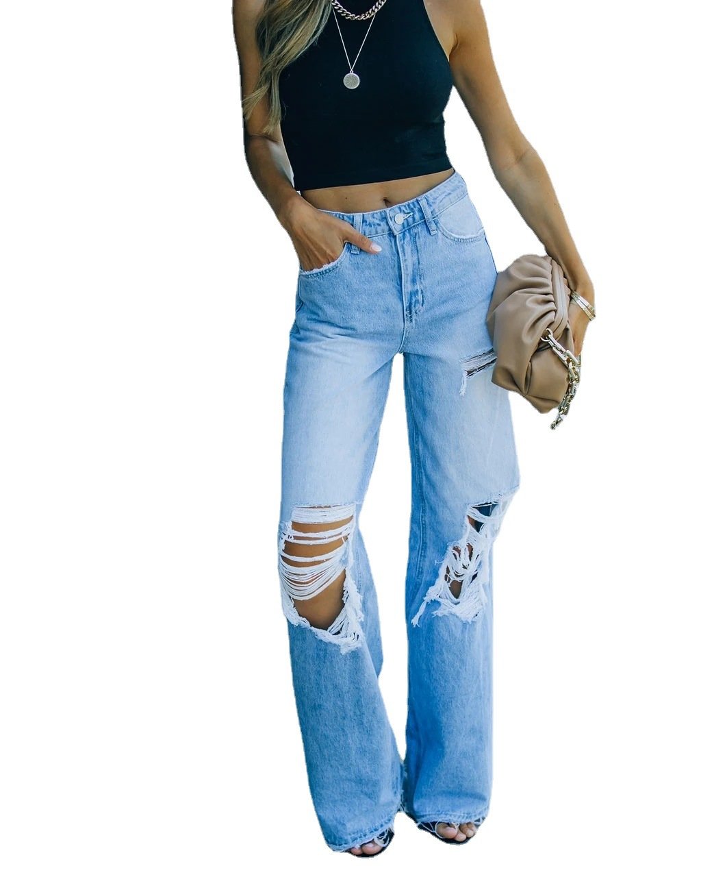 Women Loose Jeans High Waist Baggy Denim Pants Wide Leg Straight