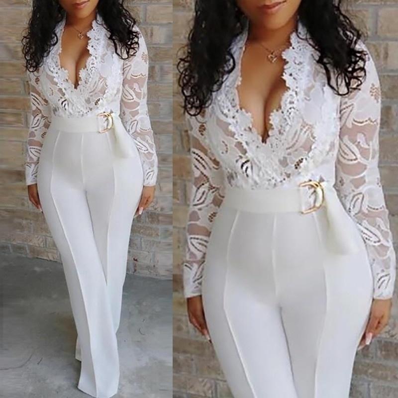 White Jumpsuit Women Lace Stitching Long Sleeve V-neck Plus Size