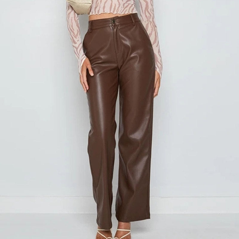 High Waist Brown Faux Leather Pants Streetwear