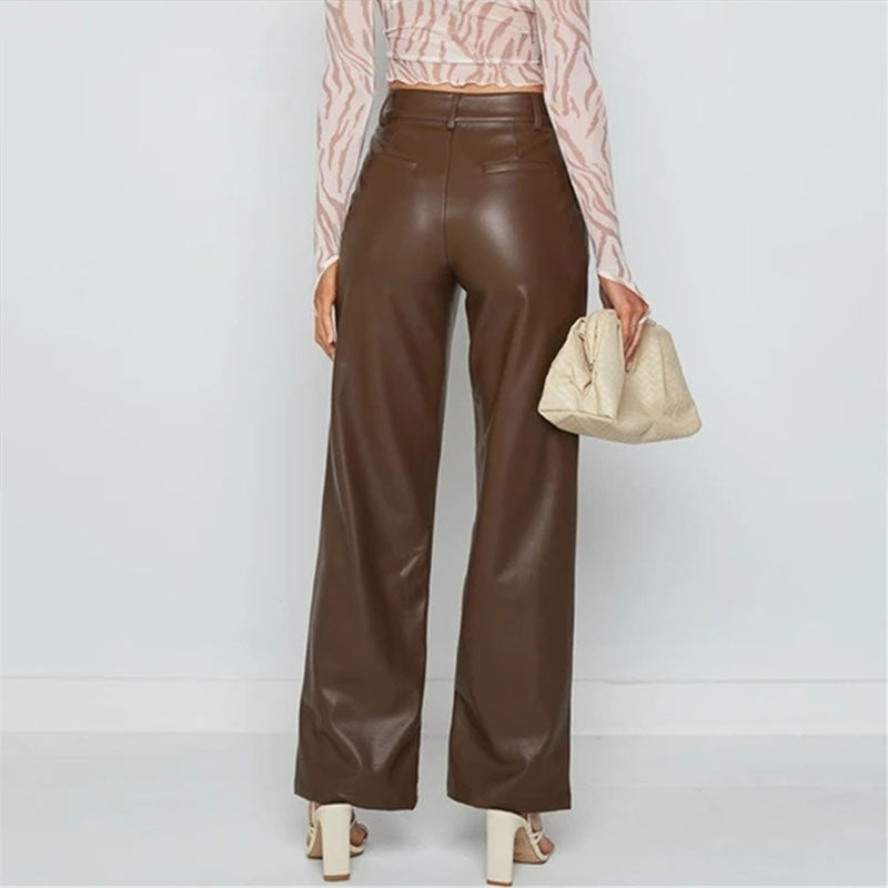 High Waist Brown Faux Leather Pants Streetwear