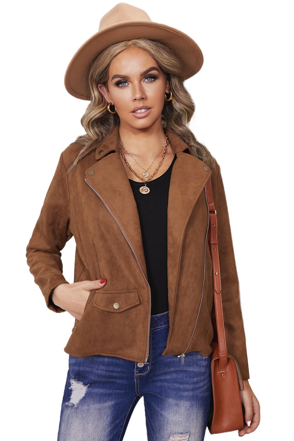 Moto Suede Lapel Collar Zipper Long Sleeve Jacket