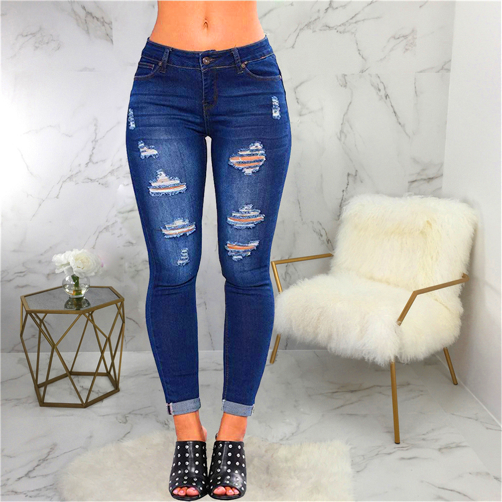 Women's High Waisted Skinny Destroyed Ripped Hole Denim Pants